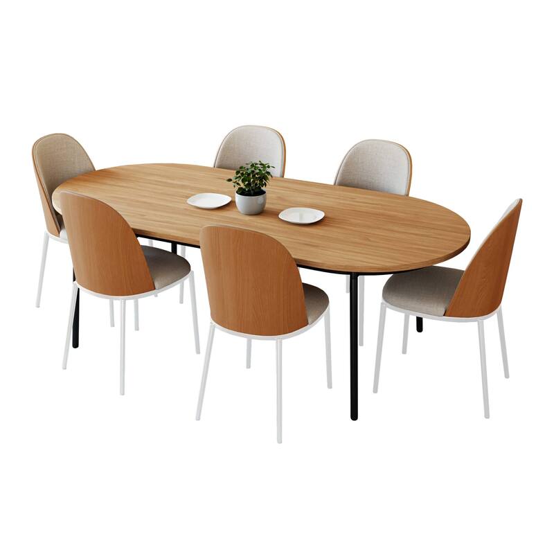 7-Piece Dining Set in White Steel Tule Collection by LeisureMod - Natural Wood/Beige