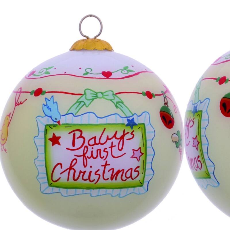 HomeRoots Baby's First Christmas with Motifs Hand Painted Mouth Blown Glass Ornament - 3
