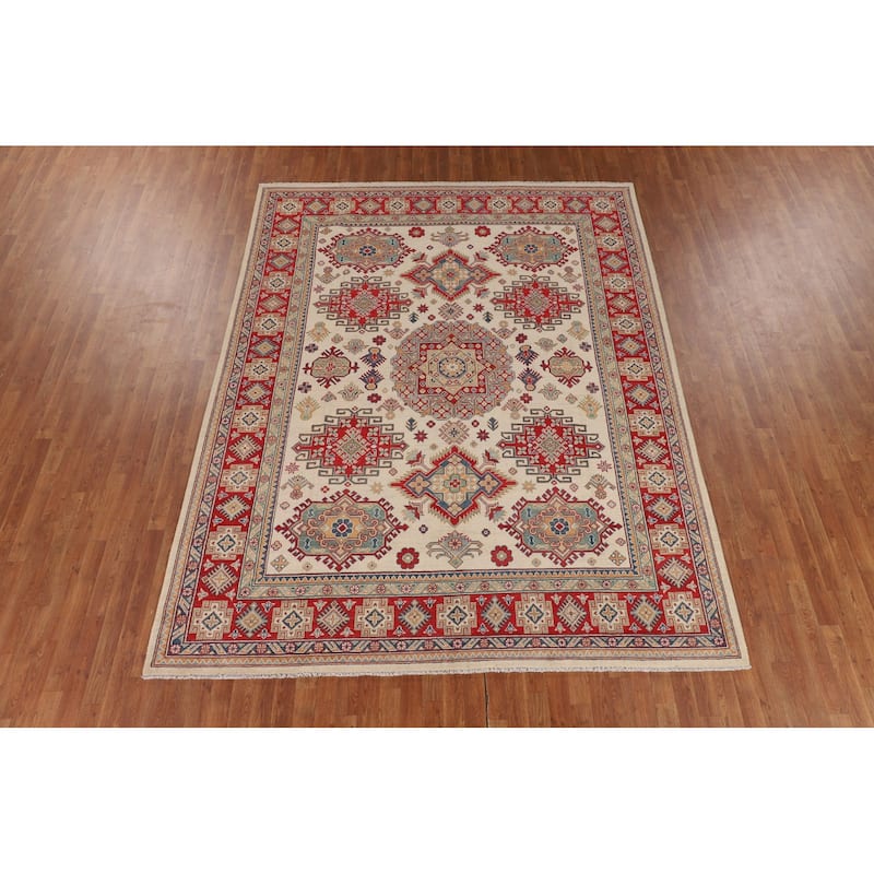 Ivory Geometric Kazak Oriental Area Rug Handmade Wool Carpet - 8'0" x 10'3"