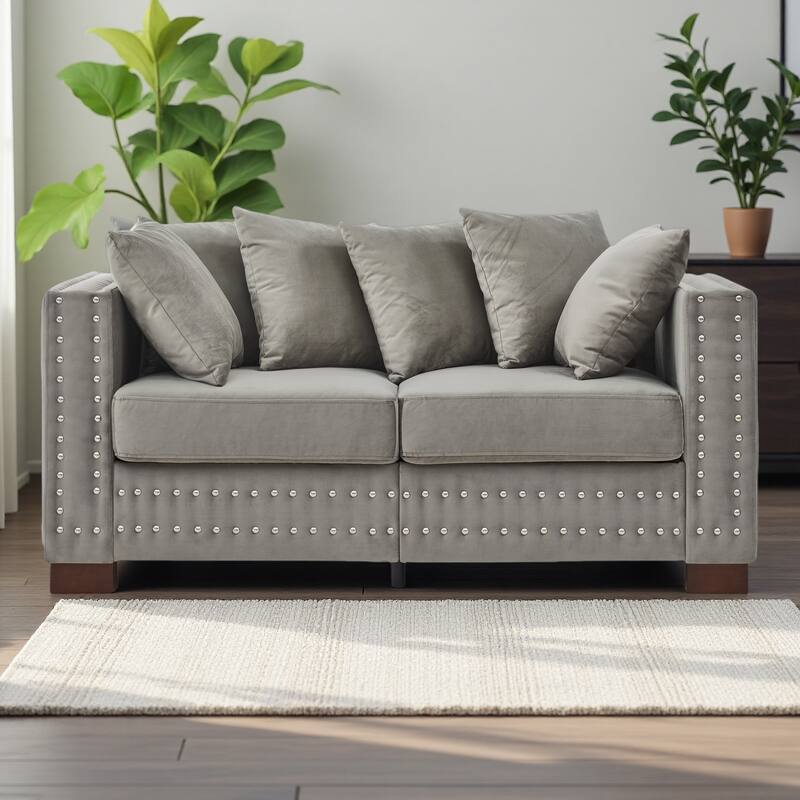60.5" Velvet Loveseat Sofa,Modern Square Arm Design with Nailhead Trim and Under-Seat Storage - Grey