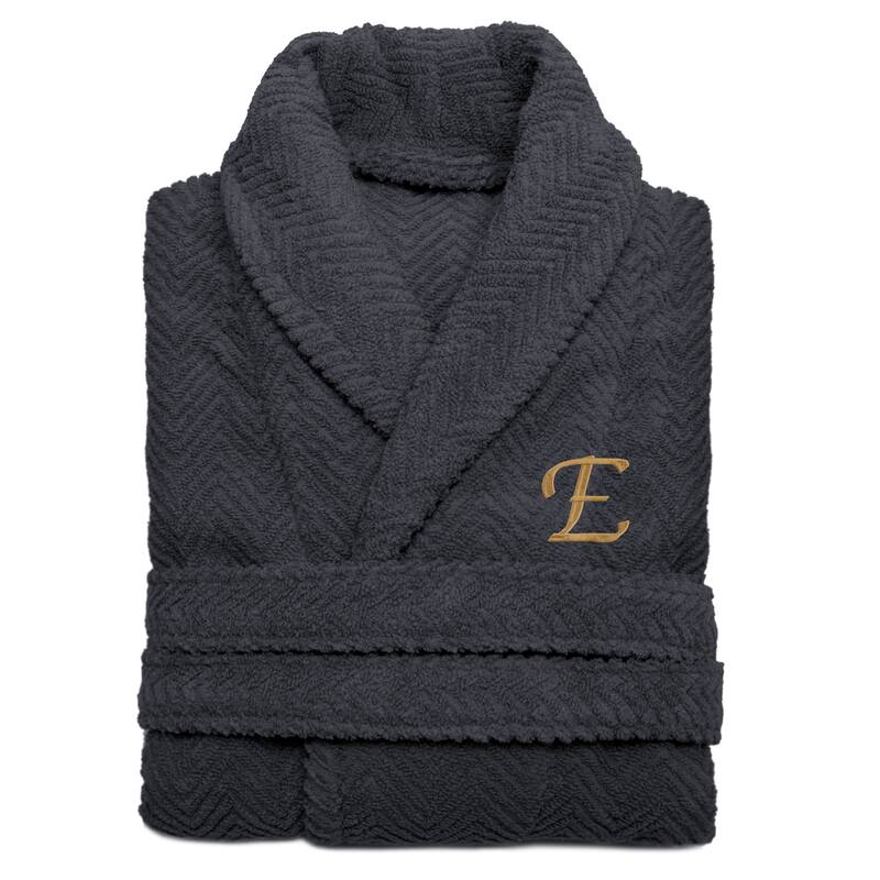 Authentic Hotel and Spa Charcoal Grey with Gold Monogrammed Herringbone Weave Turkish Cotton Unisex Bath Robe - S/M - E