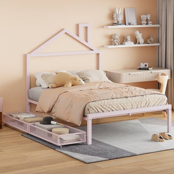slide 2 of 18, Full Size Metal Platform Bed with two drawers, House-Shaped Headboard Design Pink