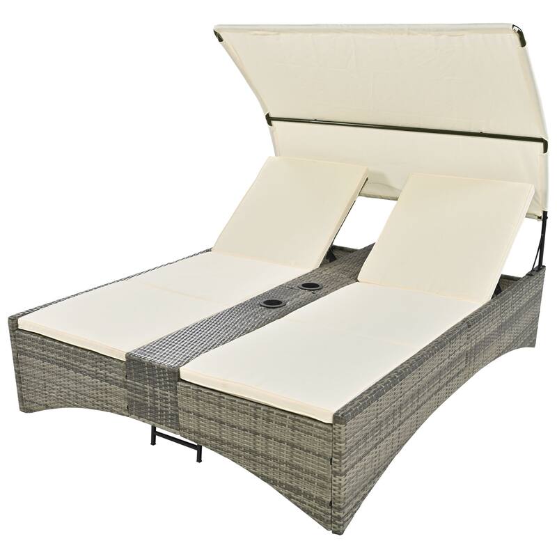 Outdoor Patio Rattan Daybed Sunbed with Canopy and Adjustable Backrest, Storage Box and 2 Cup Holders