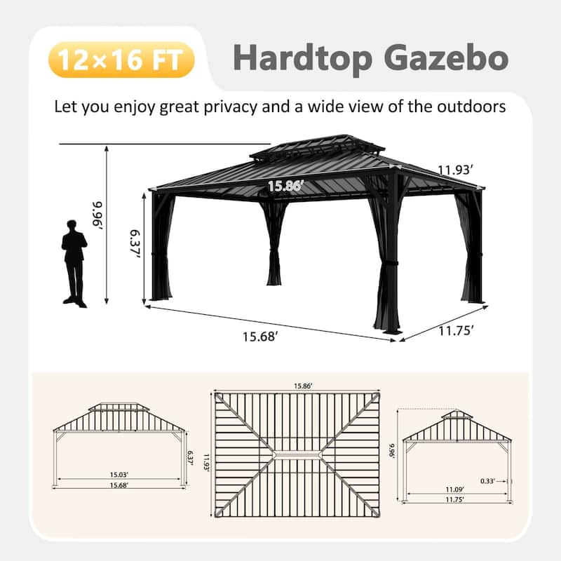 VEIKOUS Aluminum Double Hardtop Gazebo Pergola for Patio, Lawn, and Garden with Removable Netting