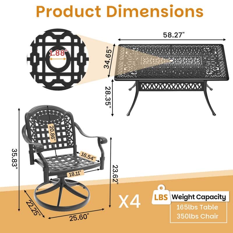 5-Piece Aluminum Rectangular Outdoor Patio Dining Set, 4 Cushioned Swivel Chairs, Table, All-Weather Frames