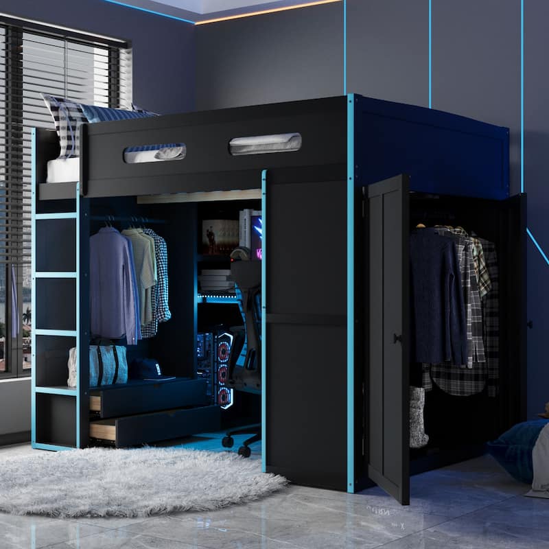 Ultimate Gamer’s Loft Bed with Desk, Storage, and RGB LED Lights by Harper&Bright Designs - Blue