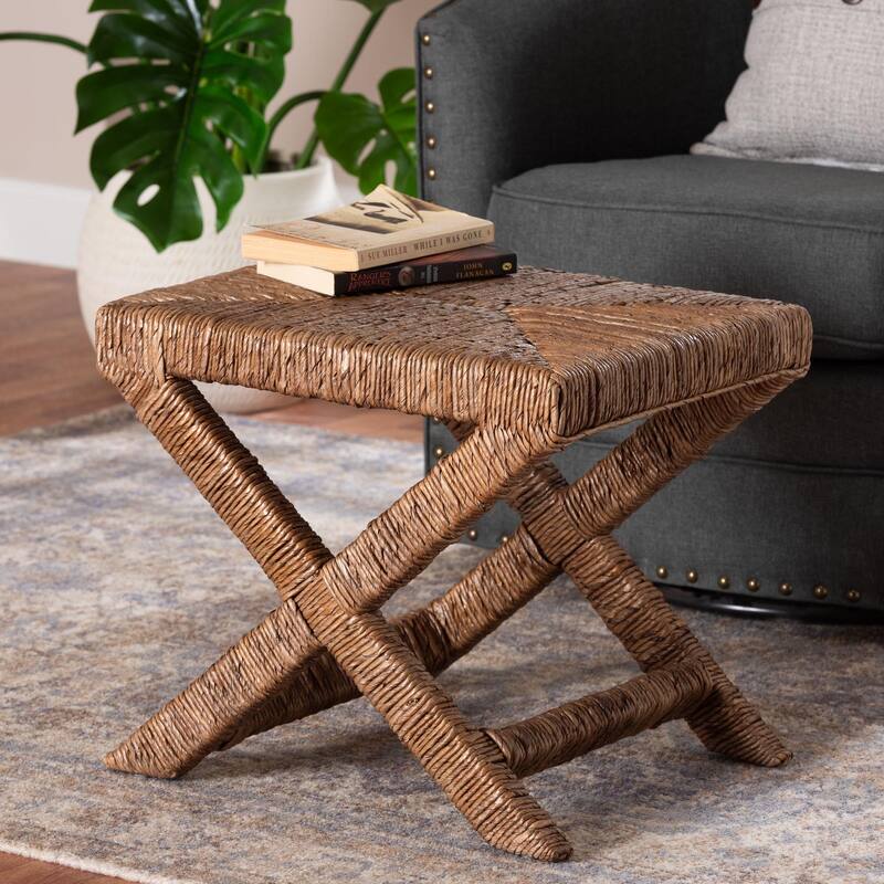 Alda Woven Seagrass Ottoman - Handwoven Wicker Accent Stool with X Base, Boho Coastal Seating