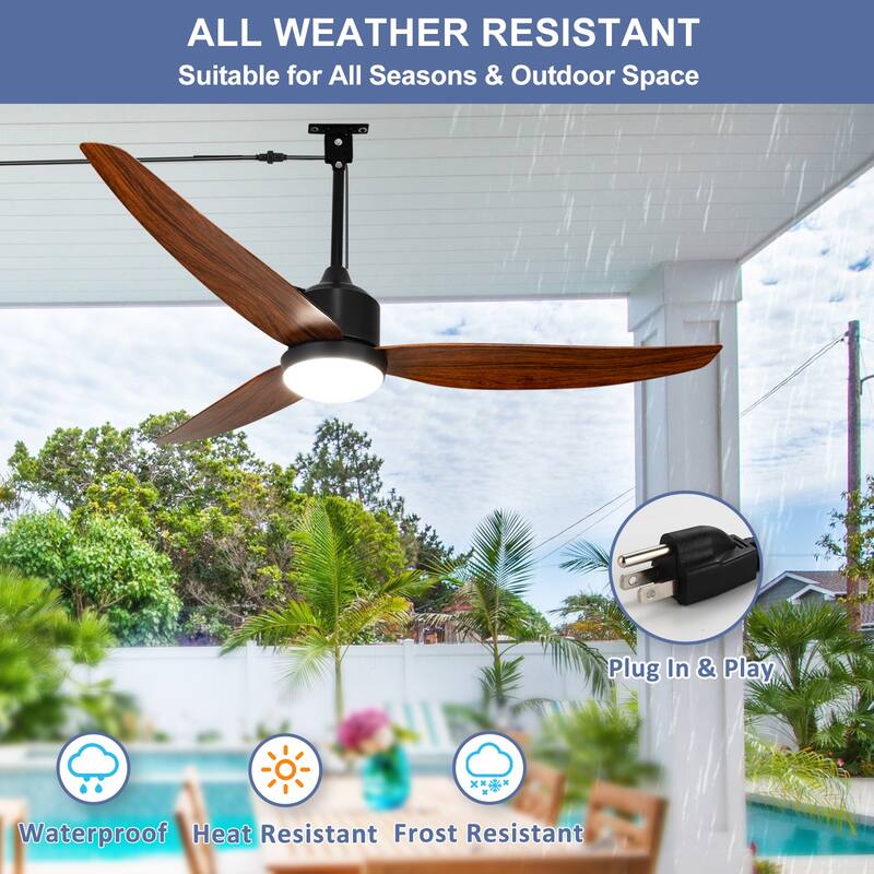 Outdoor Ceiling Fan with Light: 42-52 Inch Hanging - Plug in Waterproof Fans for Patio - Dimmable Remote App Control Black