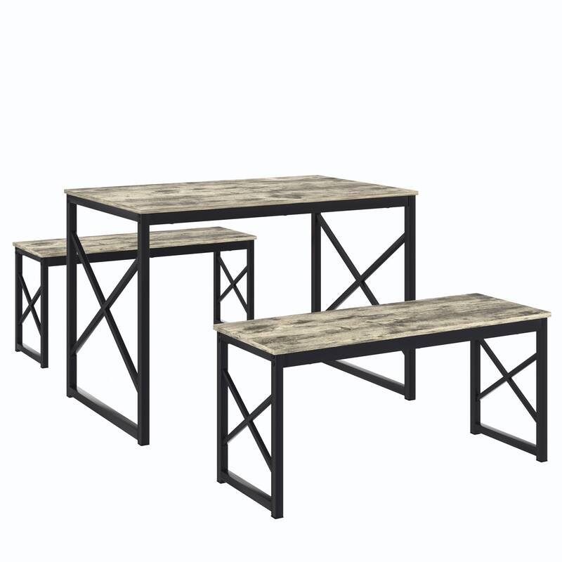 Javlergo Industrial Grey 3-Piece Dining Table Set with 2 Benches X-Frame Design Space Saving Kitchen Table Set for 4 People
