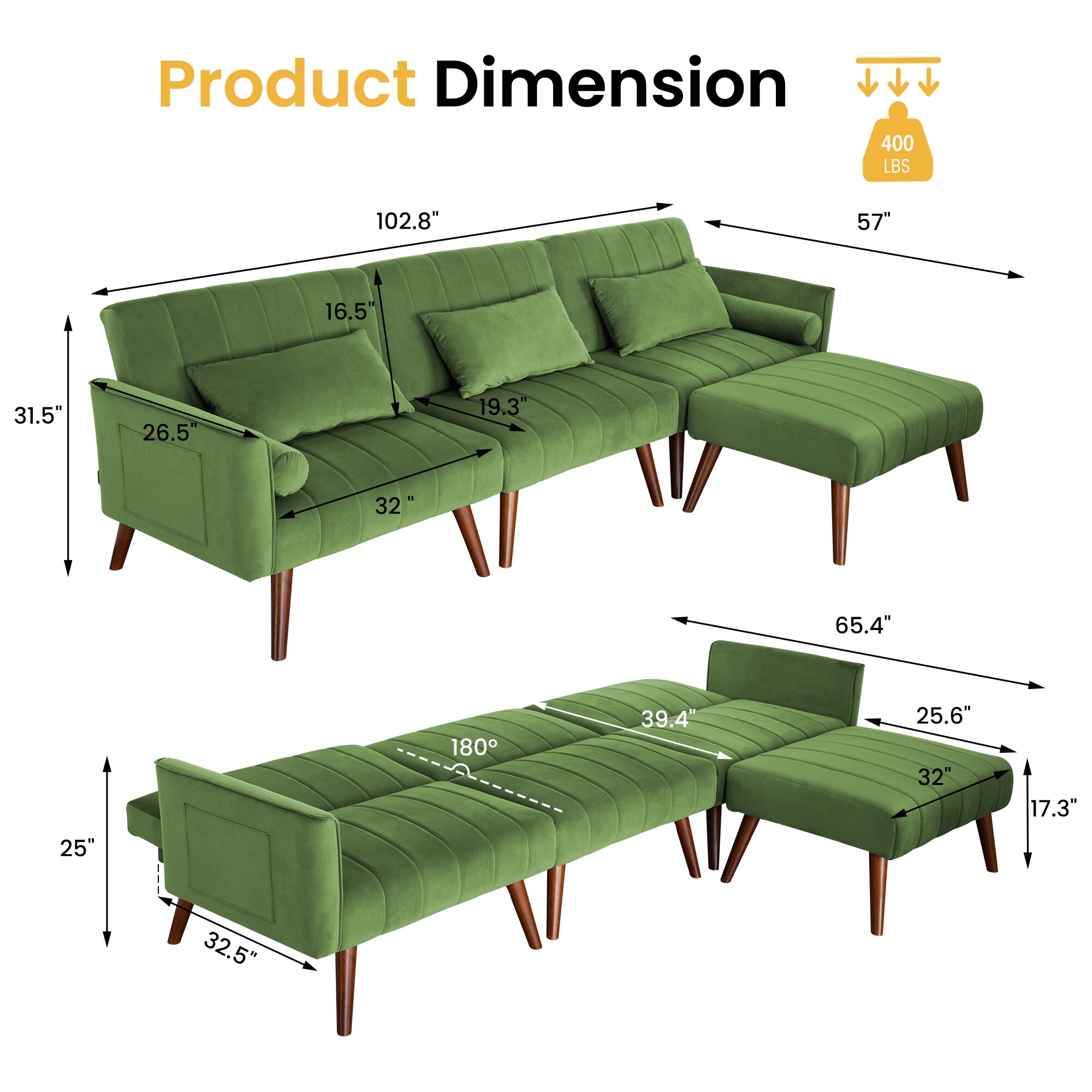 高品質の激安 102.8'' Rubberwood with Sofa Convertible Reclining Velvet 洋楽