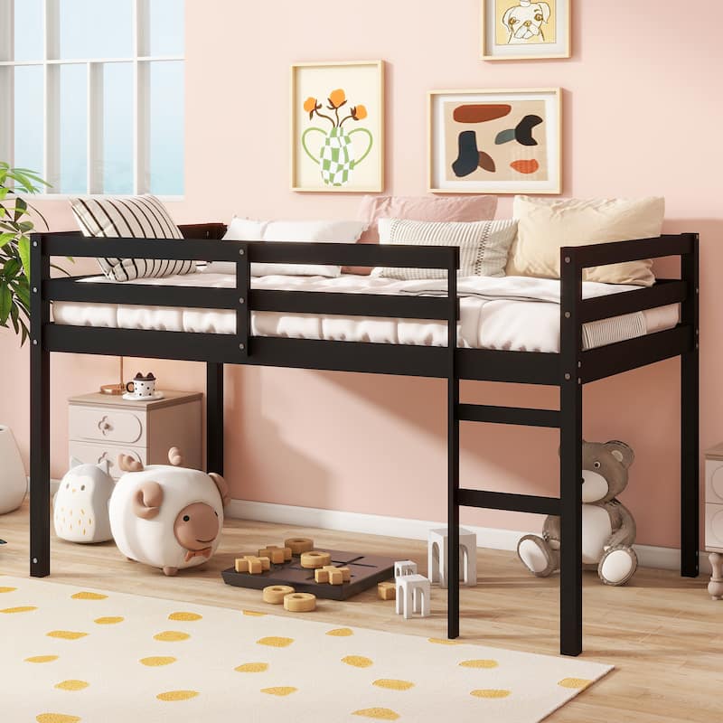 Black Twin Loft Bed with Ladder, Strengthened Slats, Rubber Wood and Plywood