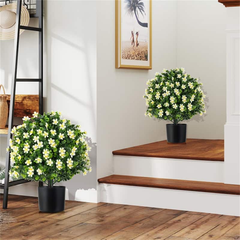 Set of 2 Artificial Boxwood Topiary Ball Trees with Purple and White Flowers Sun-Proof Cement Pot Low Maintenance - 6" x 21.5"