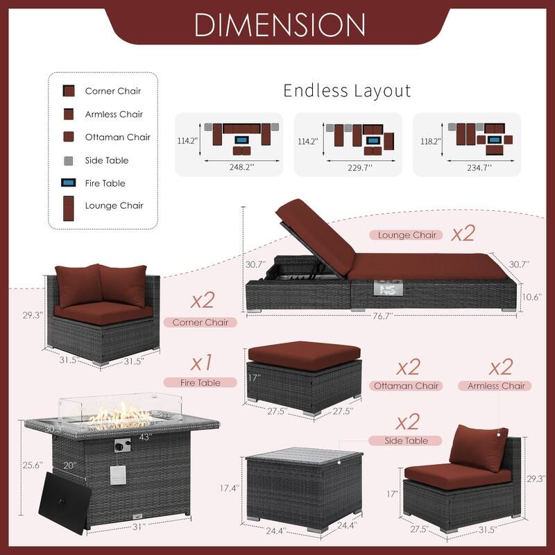 FINCATI 11 Pieces Patio Furniture Set Outdoor Sectional Sofa with Firepit Table