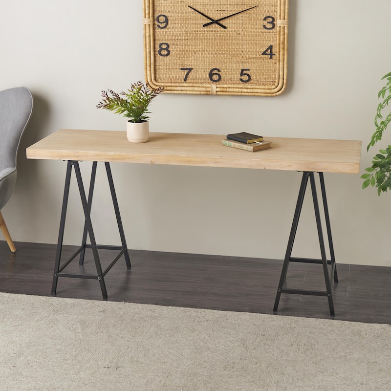 Wooden Rectangular Console Table with Black Metal Supports - Brown - Roche River Decor