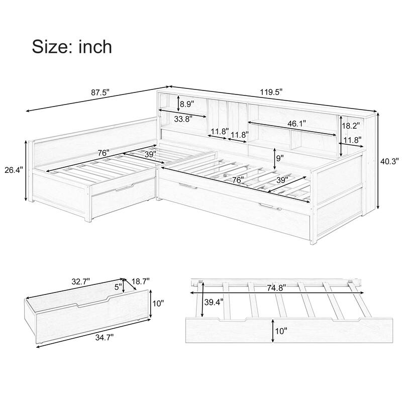 Twin L-Shaped Daybed with Built-In Bookcase, Storage Drawers & Trundle by Harper&Bright Designs