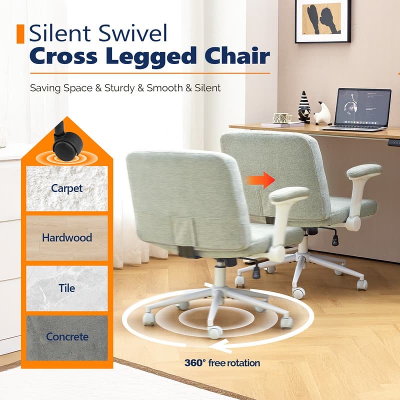 Chenille Swivel Chair With Adjustable Flip-Up Arms For Cross-Legged