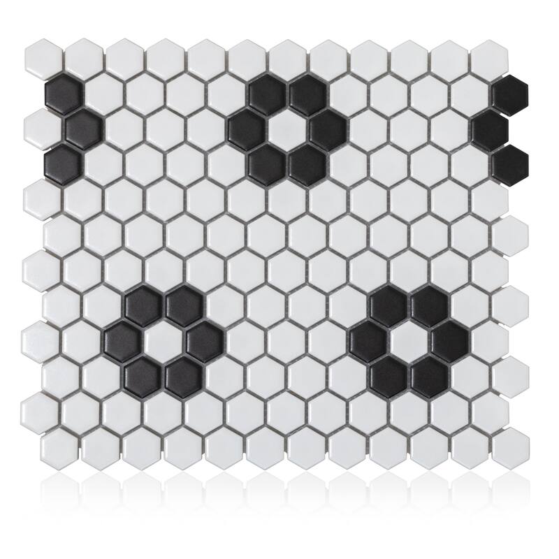 Industry Tile 10.23x11.81 Hex Flower White with Black Porcelain Mosaic (20 pc/ box)