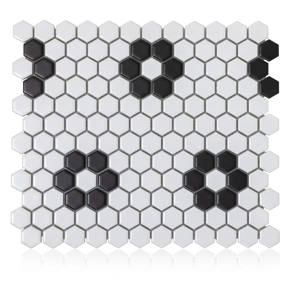 Industry Tile 10.23x11.81 Hex Flower White with Black Porcelain Mosaic (20 pc/ box)