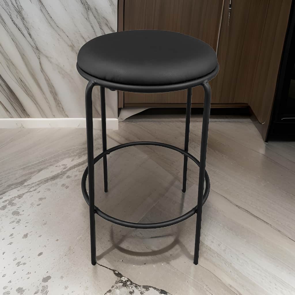 Neni 30 Inch Barstool Set of 2, Round Cushioned Seat, Black Faux Leather