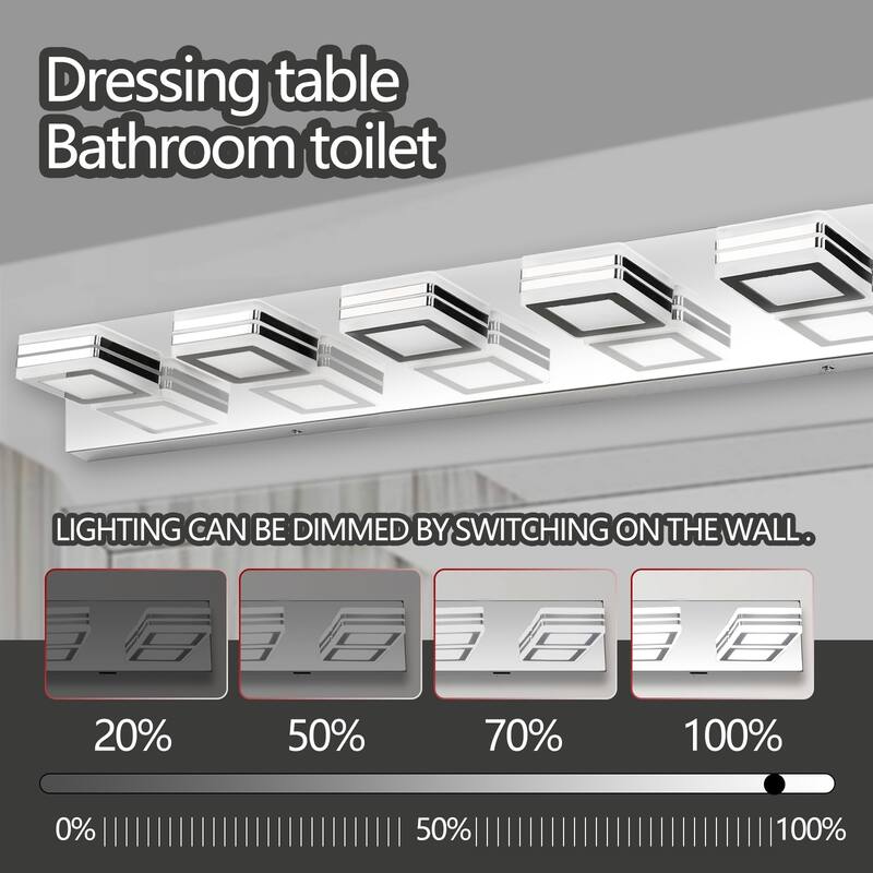 39" Modern 6-Light LED Vanity Light, Square Acrylic Lampshades Wall Mount Fixture for Bathroom, Mirror Lighting