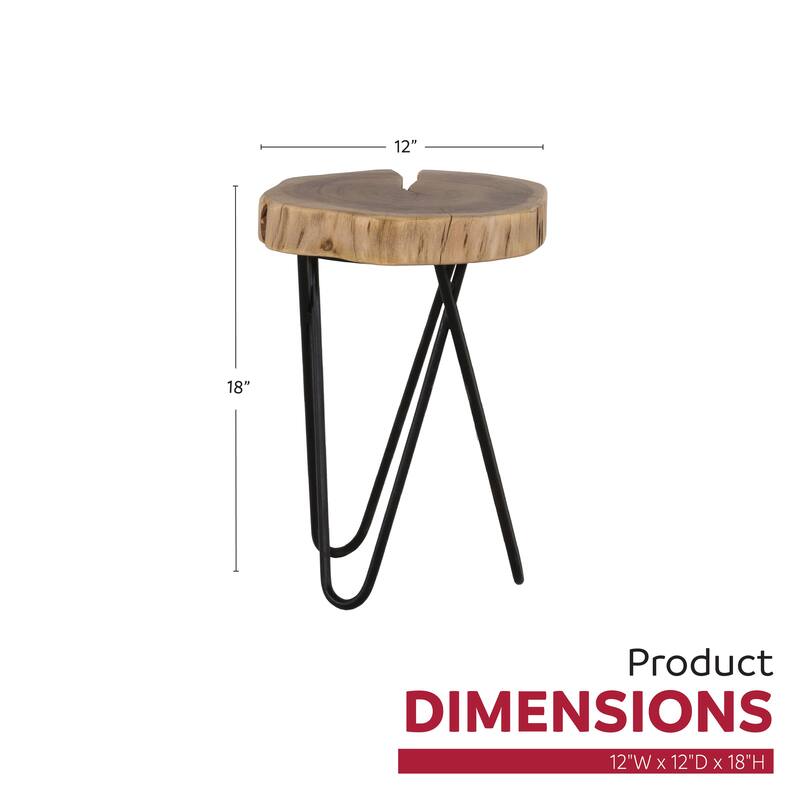 Colton 12 in. Round Acacia Wood Accent End Table with Black Metal Legs - Brown/Black - Wood