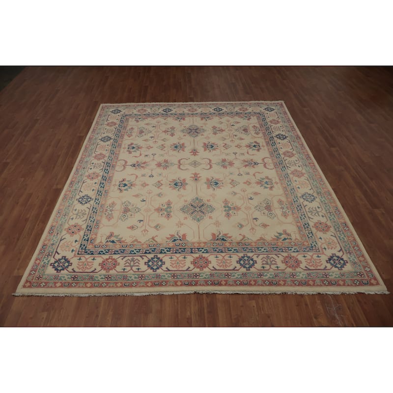 Hand Knotted Oriental 100% Wool Carpet Traditional Geometric Beige & Ivories Kazak Area Rug - 9' 10'' X 8' 2''