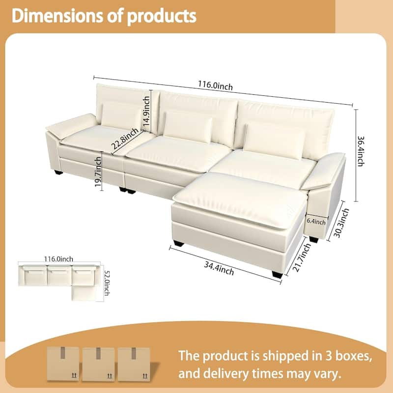 Kullavik Cloud Chenille L-Shaped Sofa, Modular Sectional Sofa with Ottoman, Throw Pillows and Double Layered Cushion