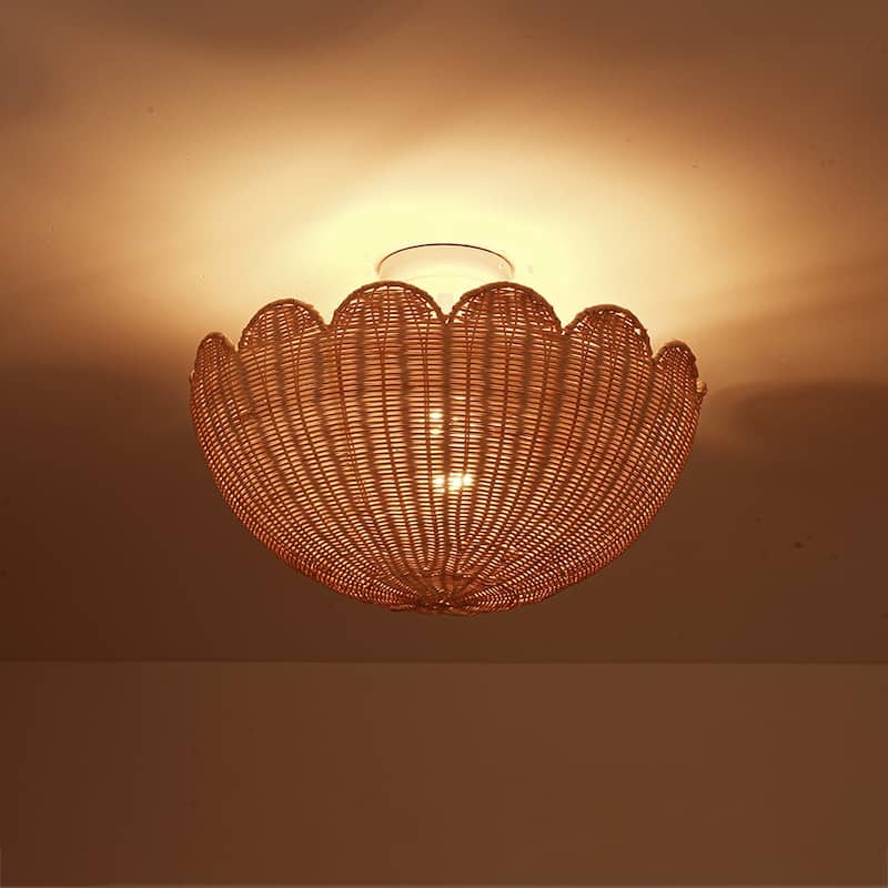 2-Light Coastal Style Scallop Rattan Semi Flush Mount - 17.7in