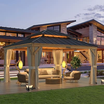 EROMMY 11' x 13' Asphalt Hardtop Gazebo, Spruce Wood Double Roof Gazebo with Waterproof Coated Wood Frame for Patios