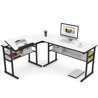 Overstock 67 Inch Industrial L-Shaped Desk with Bookshelf Drawing Table (White)
