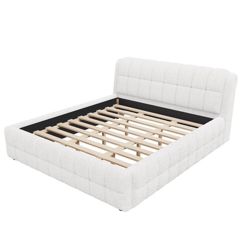 Modern Upholstered Platform Bed Frame Grounded Bed Frame with Striped Headboard/Wood Slats Support/No Box Spring/Easy Assembly