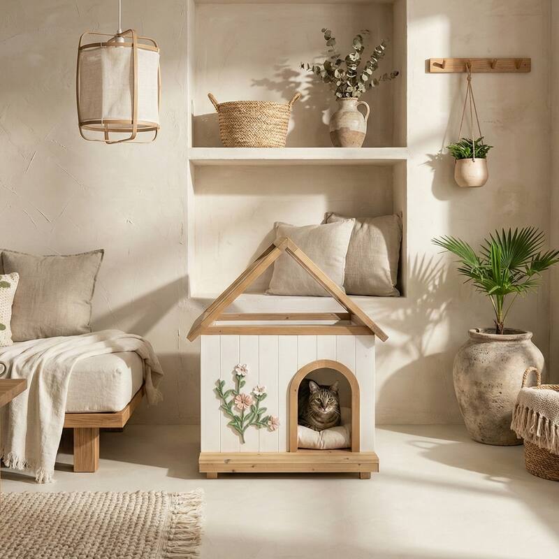 FSC-Certified Cedar Pet House with Transparent Roof & Floral Carving - Indoor Shelter for Cats & Small Dogs