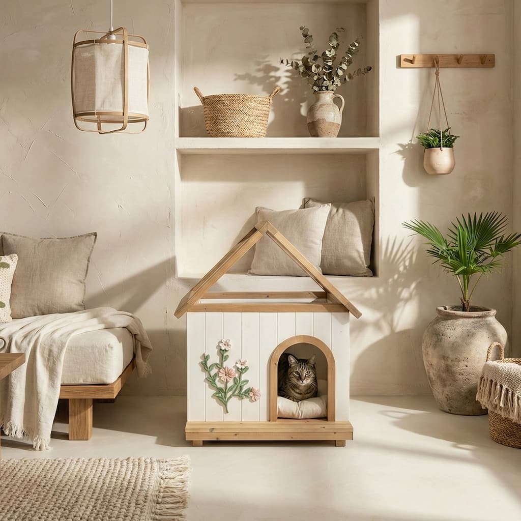 FSC-Certified Cedar Pet House with Transparent Roof & Floral Carving - Indoor Shelter for Cats & Small Dogs