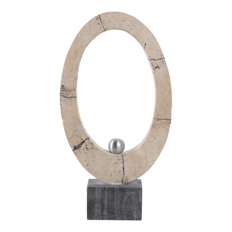 Stone Metal Travertine Sculpture Oval Design Casual Office - 18" Ivory - 10" x 3" x 18"