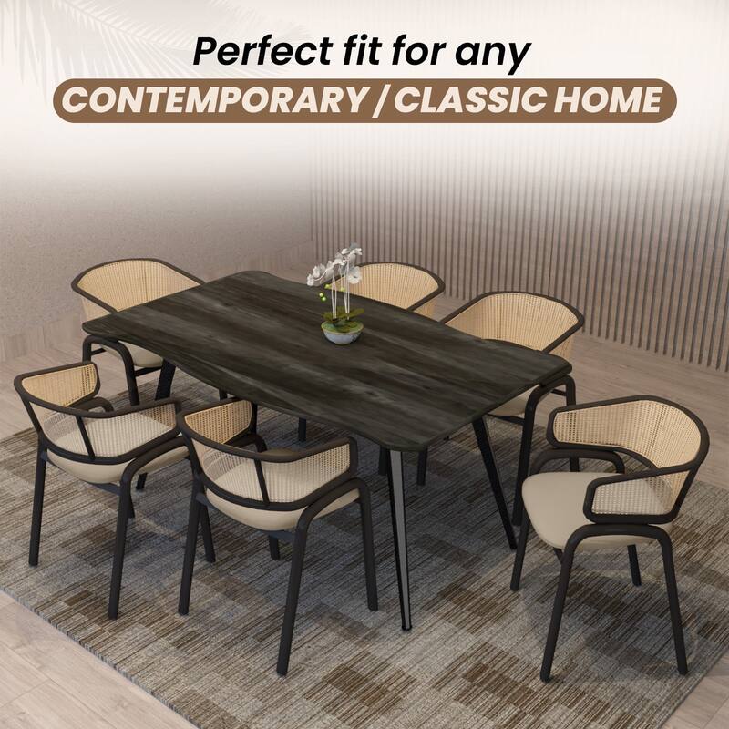 LeisureMod Modern Leather Dining Chair with Wicker Back & Black Steel Frame - Accent Side Armchair for Home Furniture
