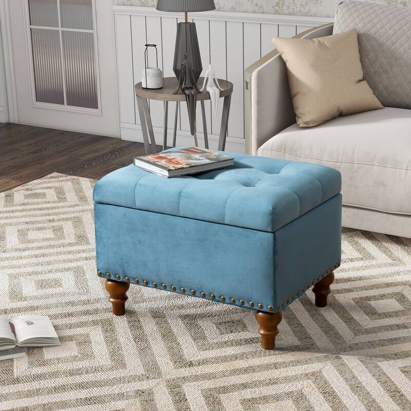 Square velvet upholstered Ottoman with storage space, hidden support hinge with easy to open top, rivet trim around