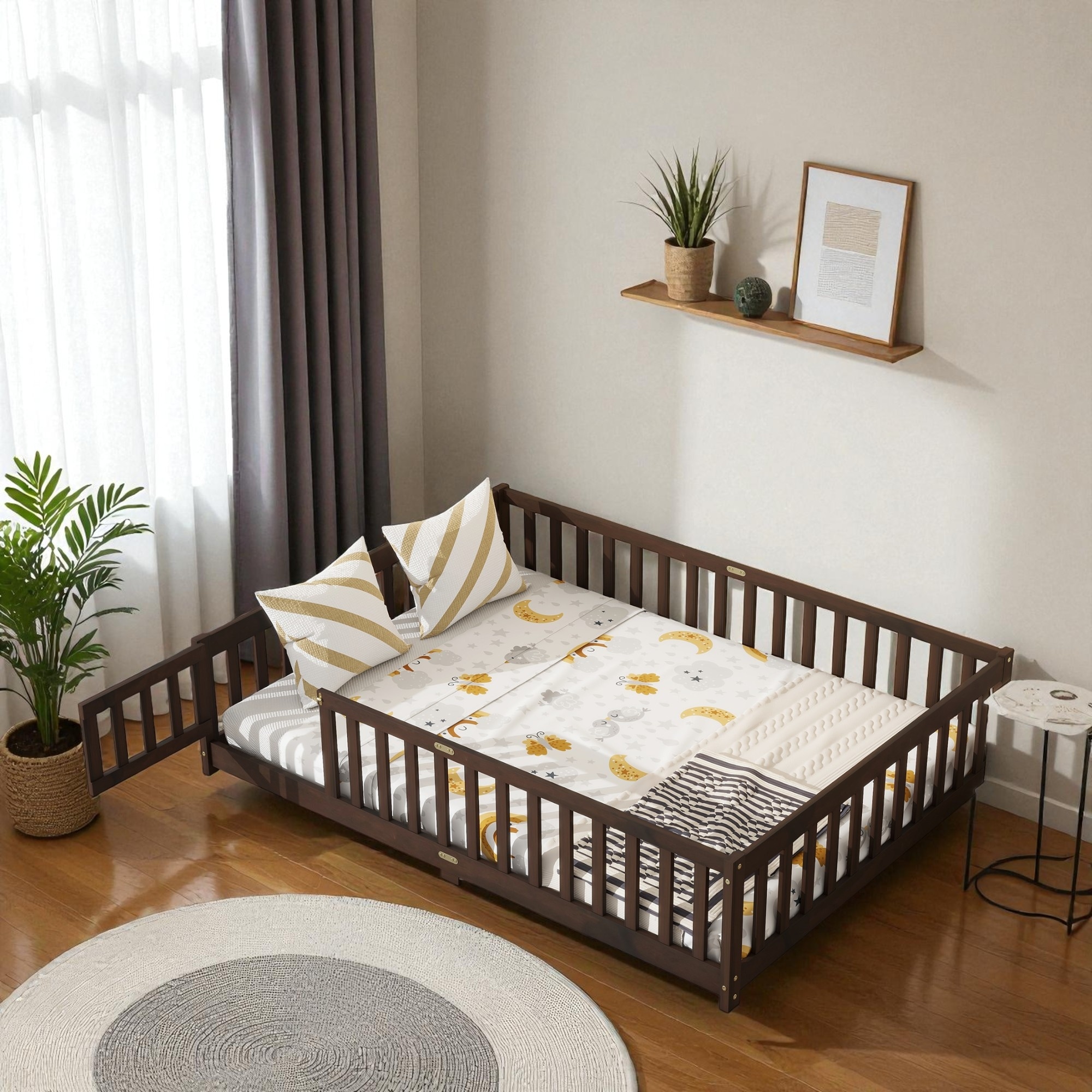 Full Size Floor Bed with Fence and Door, Rubber Wood Montessori Bed Frame with Guardrails and Platform Slats