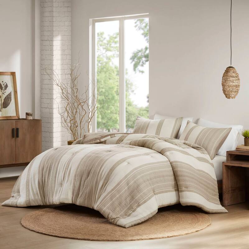 GDF Studio - Amara Textured Cotton Comforter 3-Piece Set with Waffle and Gauze Weave - Tan (Full/Queen)