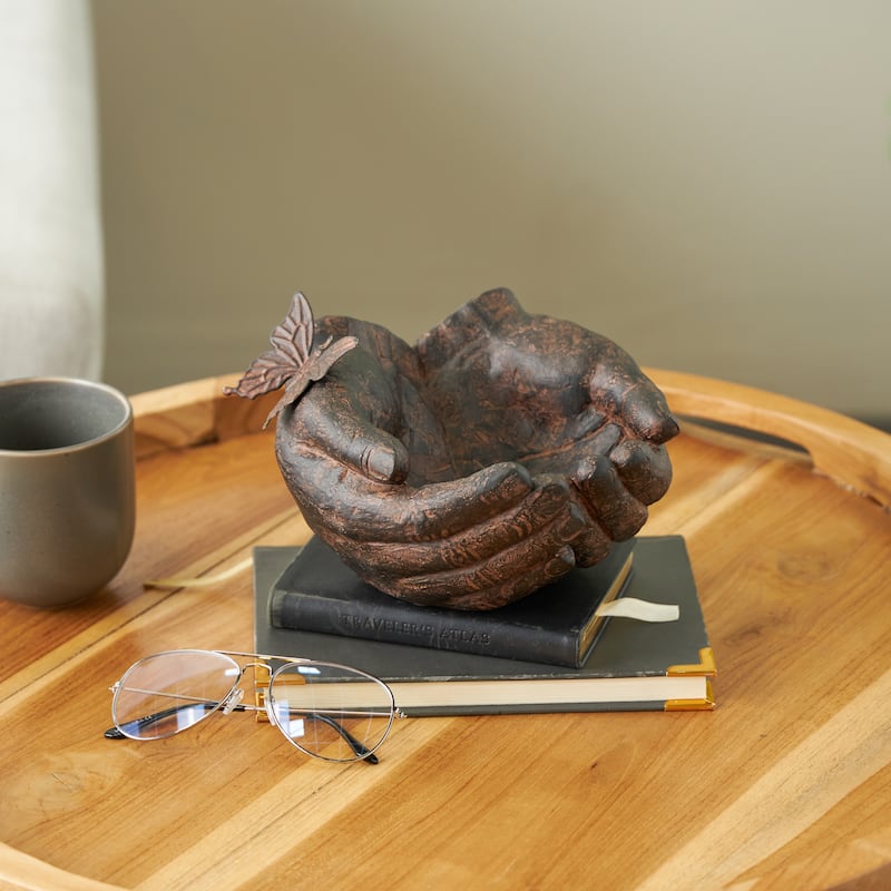 Dark Brown Resin Open Hands Decorative Sculpture with Butterfly and Copper Accents - 8"W x 8"L x 5"H
