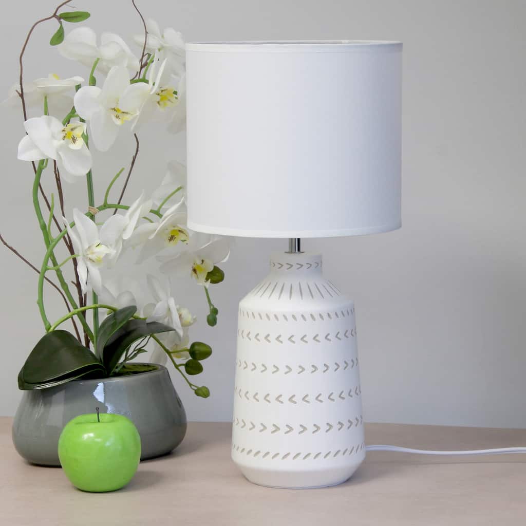 Tribal Hand Painted Ceramic Table Lamp with White Drum Shade - 17" - Cream