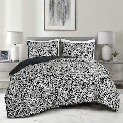 3 Piece Black & White Floral Geometric Reversible Quilt Coverlet Bedspread Bedding Set