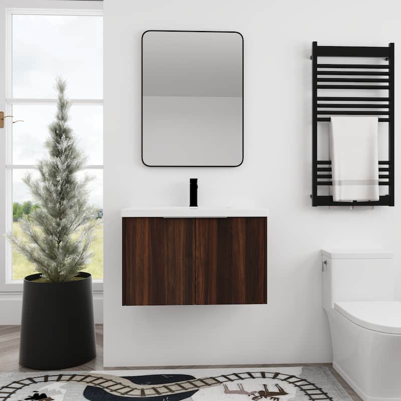 BNK 24"/30"/36" Single Sink Bathroom Vanity with Soft Close Door, Modern Floating Vanity - 29.5"Wx18.1"Dx19.3"H - California  Walnut