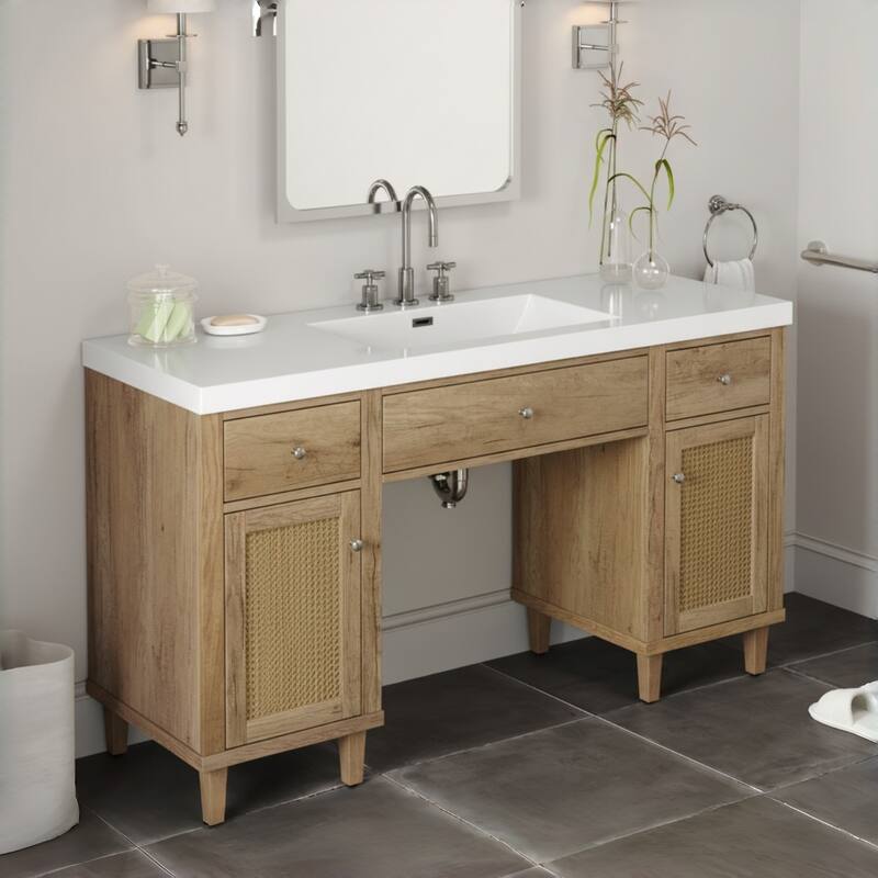 60 Inch Bathroom Vanity with SMC Sink, Modern Spacious Bathroom Storage Cabinet with Soft Close Drawers and Tip-Out Tray