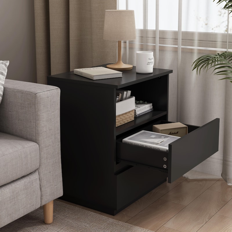 Nightstand with Charging Station, Sofa Side Table with Open Shelves & 2 Drawers, Large Capacity Wood Storage Cabinet