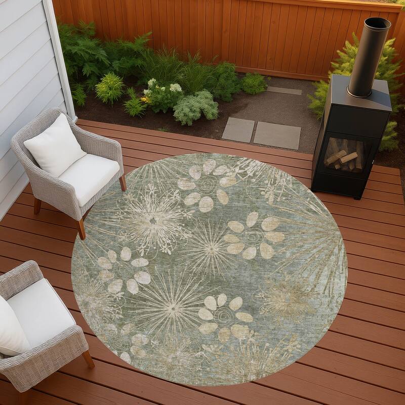 Machine Washable Indoor/ Outdoor Floral Geo Chantille Rug - Sage - 8' x 8'