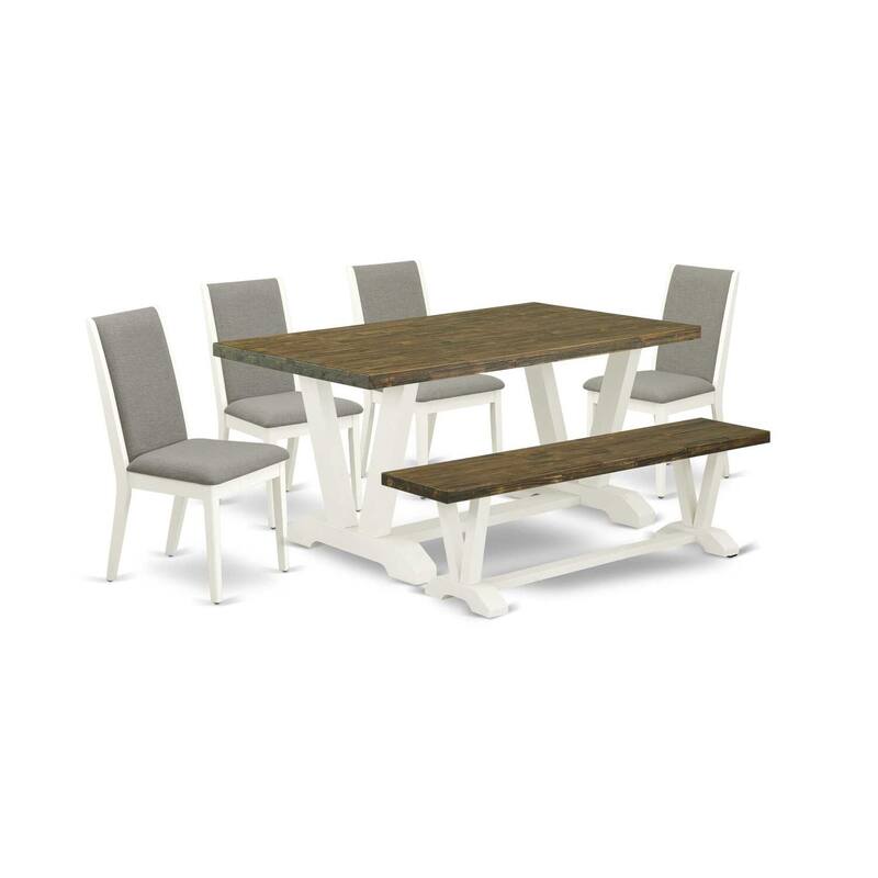 HomeStock 6-Piece Rectangle Distressed Jacobean Finish Solid Wood Top Dining Table with 1-Bench, 4-Chairs
