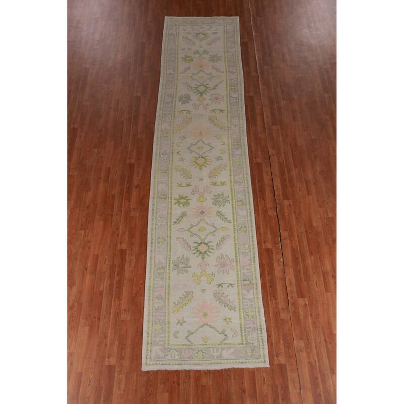 Hand Knotted Oriental 100% Wool Carpet Transitional Geometric Beige & Ivories Oushak Runner Rug - 15' 0'' X 3' 4''