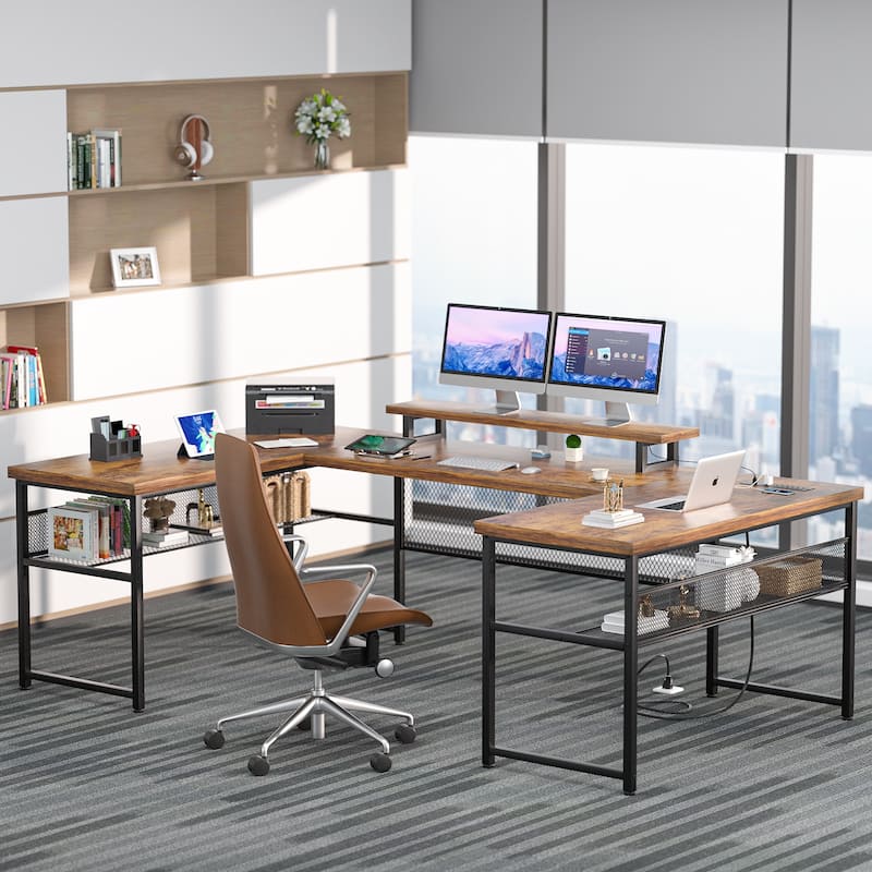 3-in-one U-Shape Computer Desk with Charge Station, Office Corner Desk with Monitor Stand