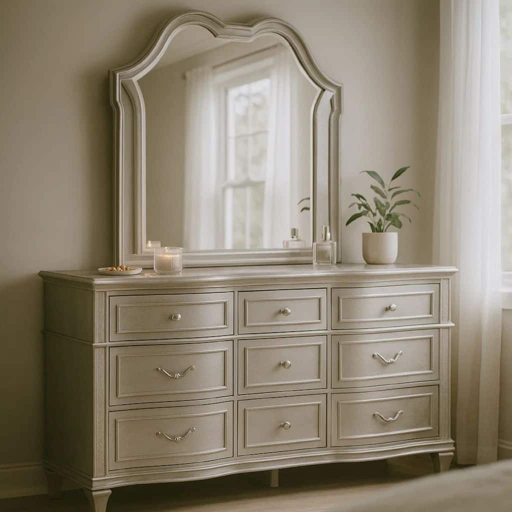Nive Wide Dresser with Mirror, 9 Drawers, Pearl Knobs, Silver Oak
