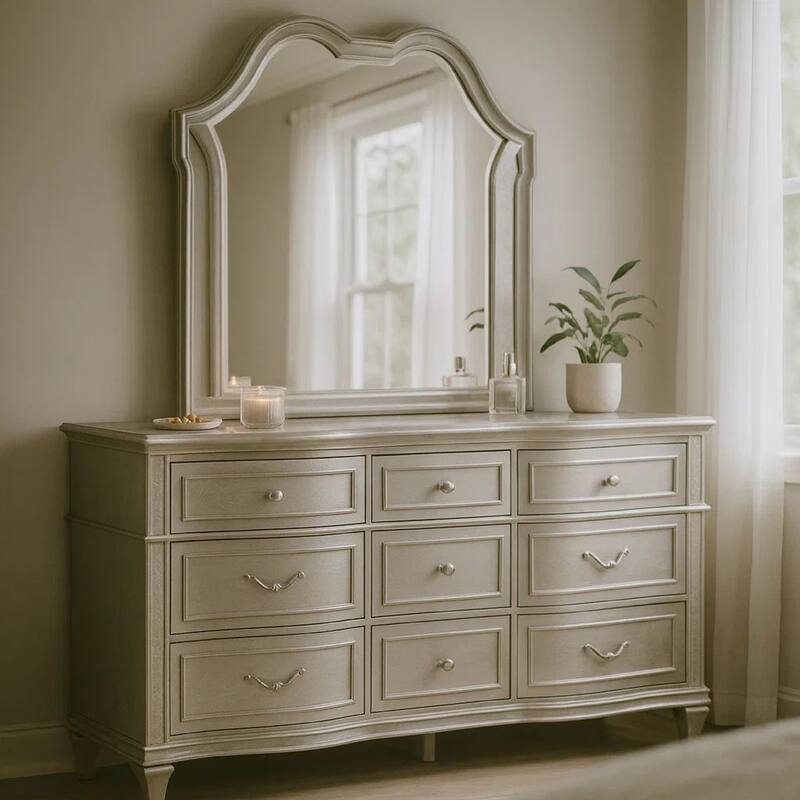 Nive Wide Dresser with Mirror, 9 Drawers, Pearl Knobs, Silver Oak